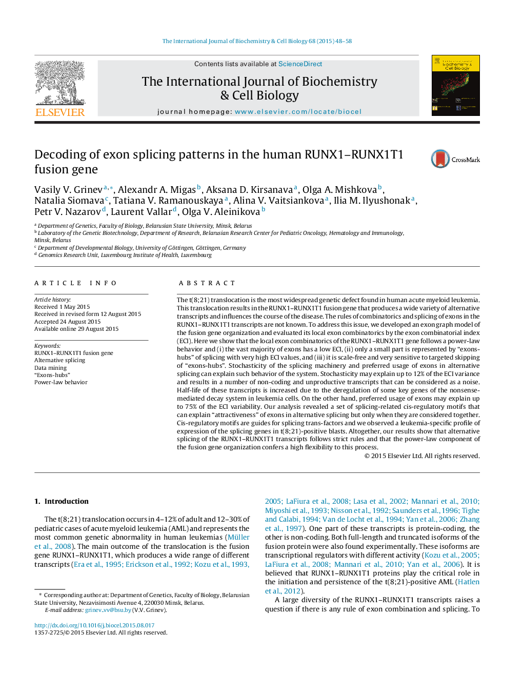 Decoding of exon splicing patterns in the human RUNX1–RUNX1T1 fusion gene