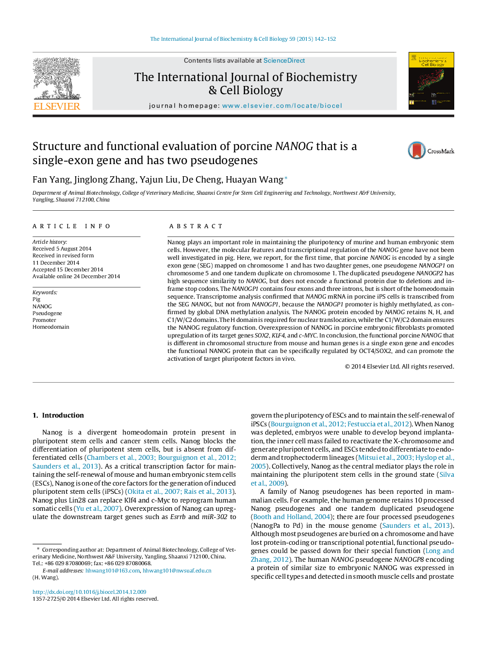 Structure and functional evaluation of porcine NANOG that is a single-exon gene and has two pseudogenes