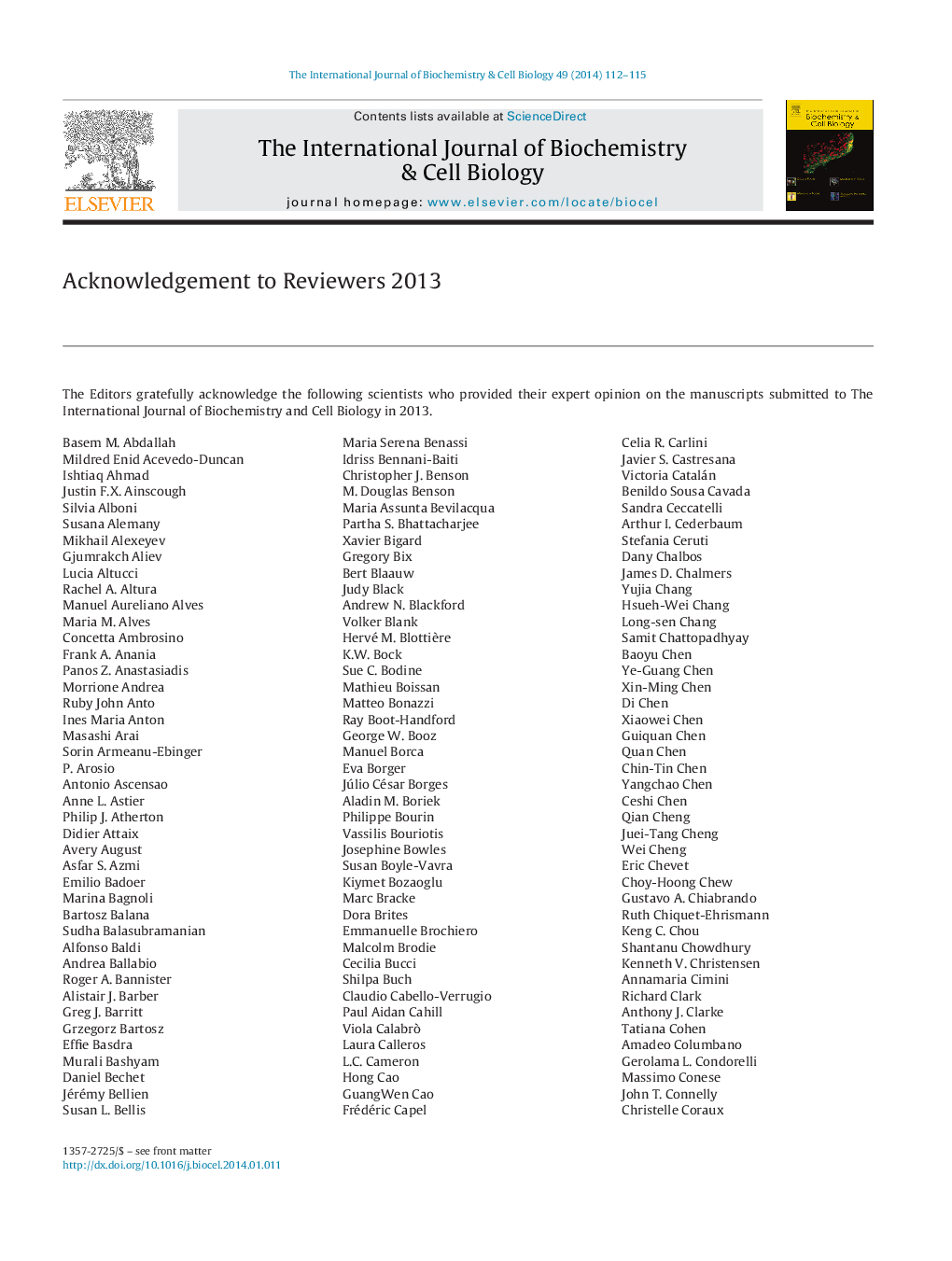 Acknowledgement to Reviewers 2013