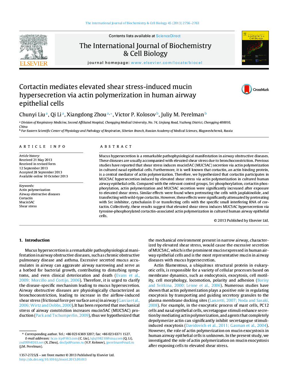 Cortactin mediates elevated shear stress-induced mucin hypersecretion via actin polymerization in human airway epithelial cells