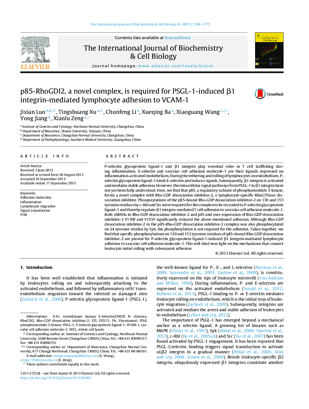 p85-RhoGDI2, a novel complex, is required for PSGL-1-induced β1 integrin-mediated lymphocyte adhesion to VCAM-1