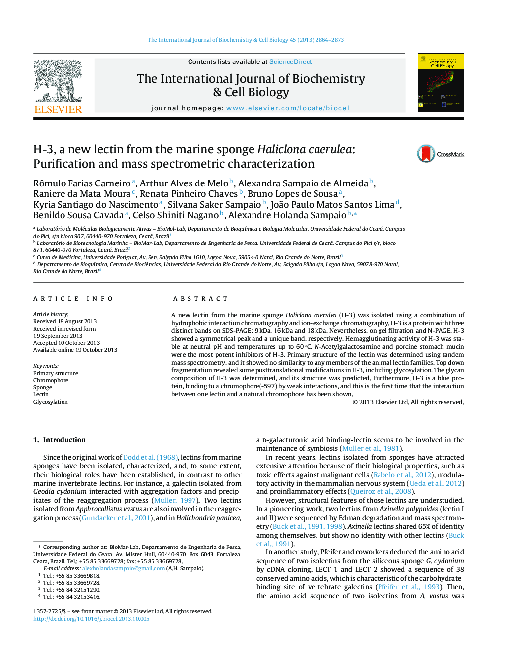 H-3, a new lectin from the marine sponge Haliclona caerulea: Purification and mass spectrometric characterization