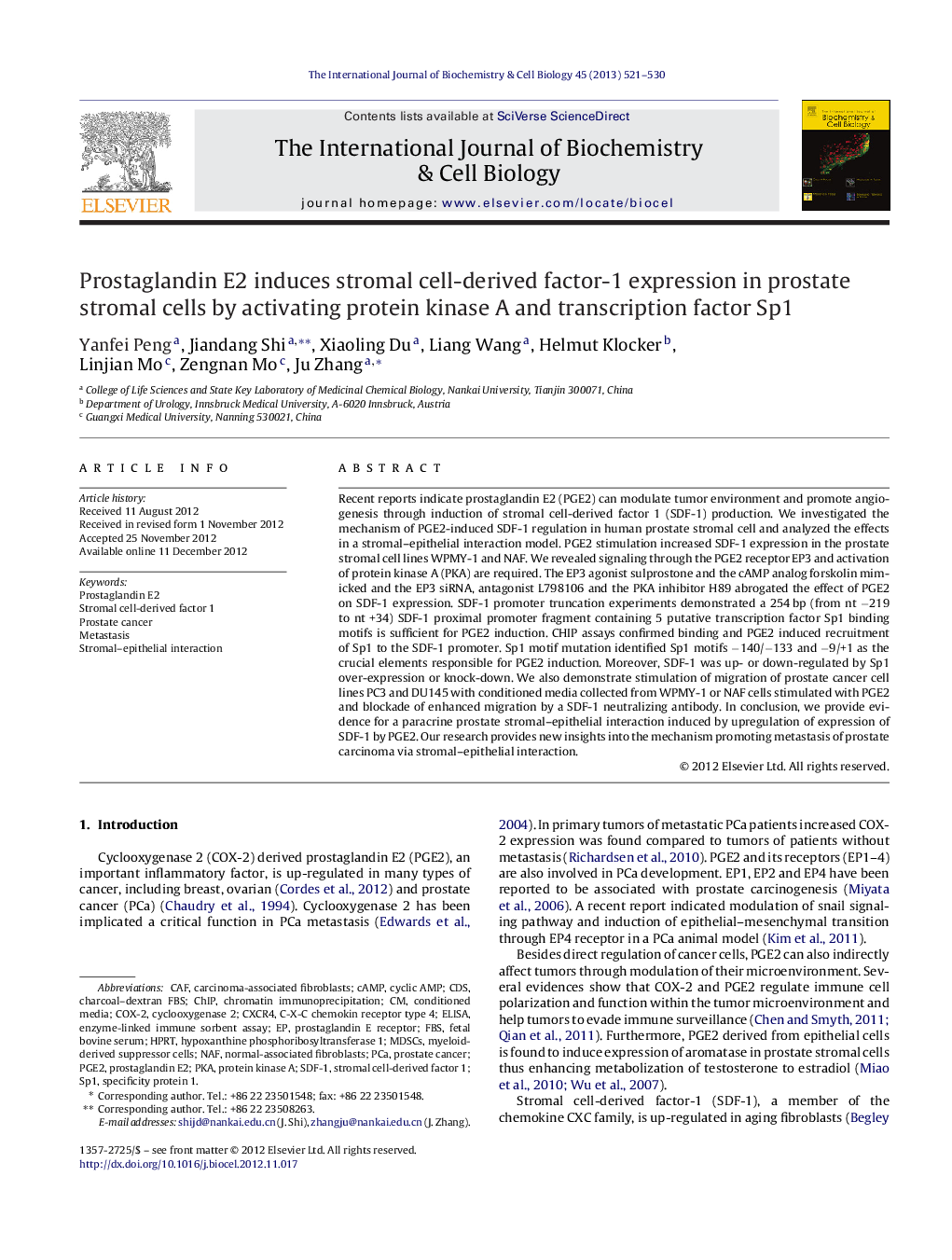 Prostaglandin E2 induces stromal cell-derived factor-1 expression in prostate stromal cells by activating protein kinase A and transcription factor Sp1