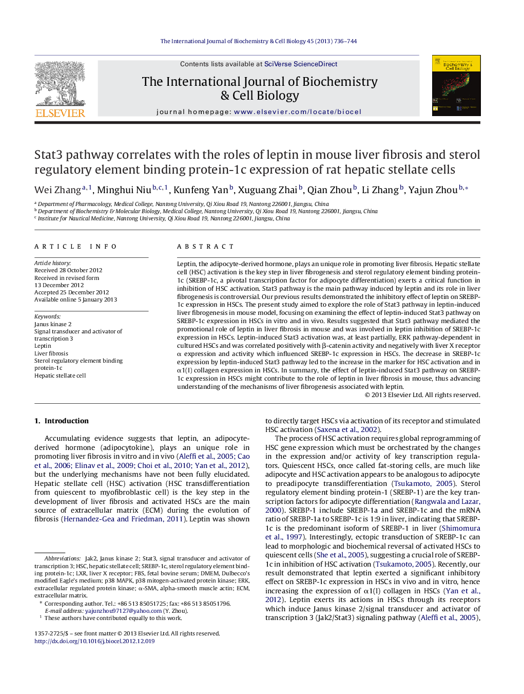 Stat3 pathway correlates with the roles of leptin in mouse liver fibrosis and sterol regulatory element binding protein-1c expression of rat hepatic stellate cells