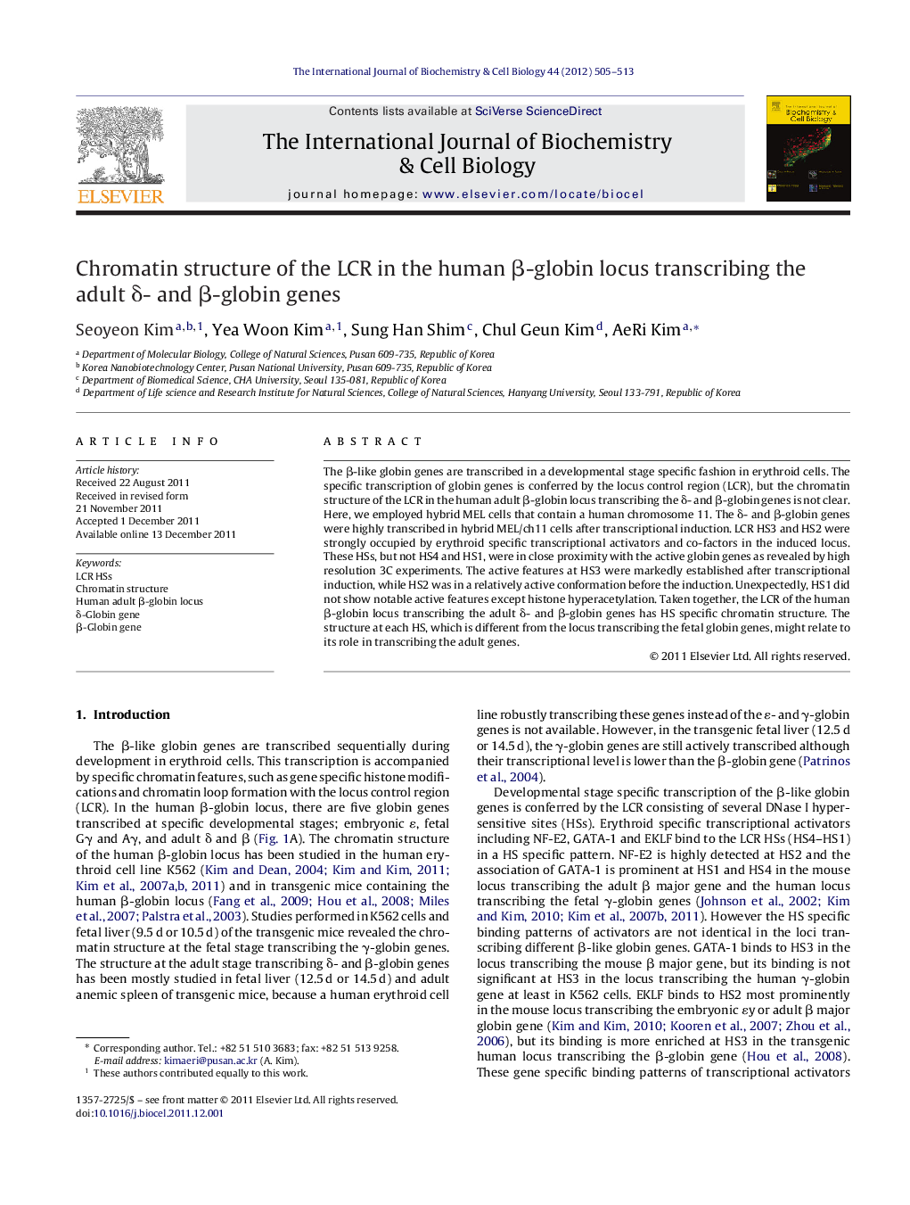 Chromatin structure of the LCR in the human β-globin locus transcribing the adult δ- and β-globin genes