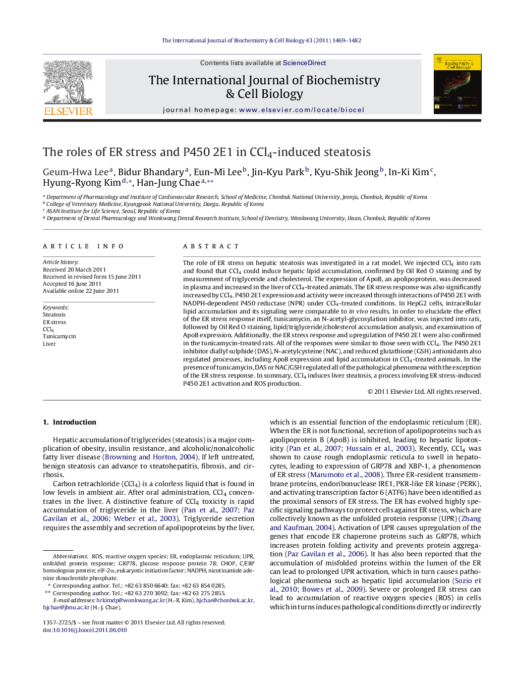 The roles of ER stress and P450 2E1 in CCl4-induced steatosis