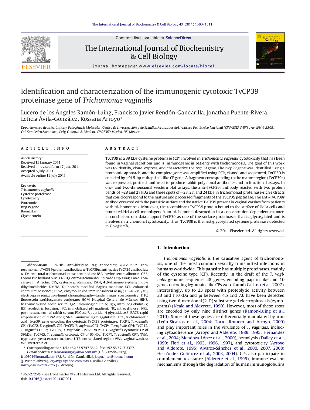 Identification and characterization of the immunogenic cytotoxic TvCP39 proteinase gene of Trichomonas vaginalis