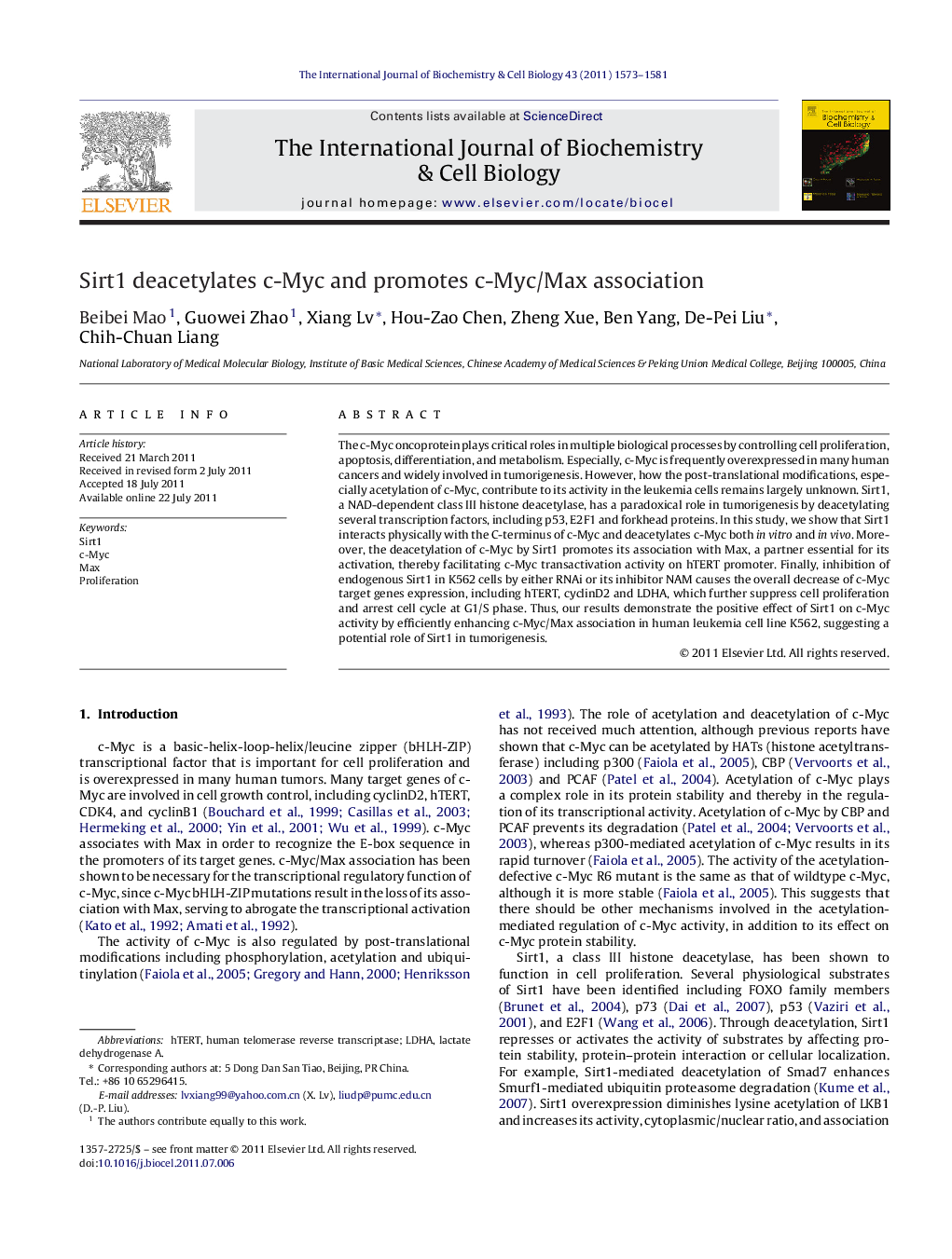 Sirt1 deacetylates c-Myc and promotes c-Myc/Max association