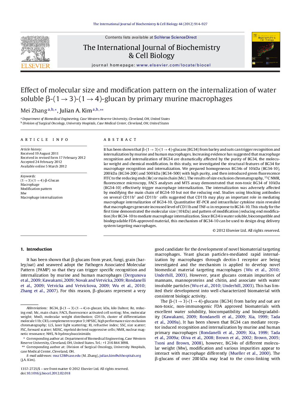 Effect of molecular size and modification pattern on the internalization of water soluble Î²-(1Â âÂ 3)-(1Â âÂ 4)-glucan by primary murine macrophages