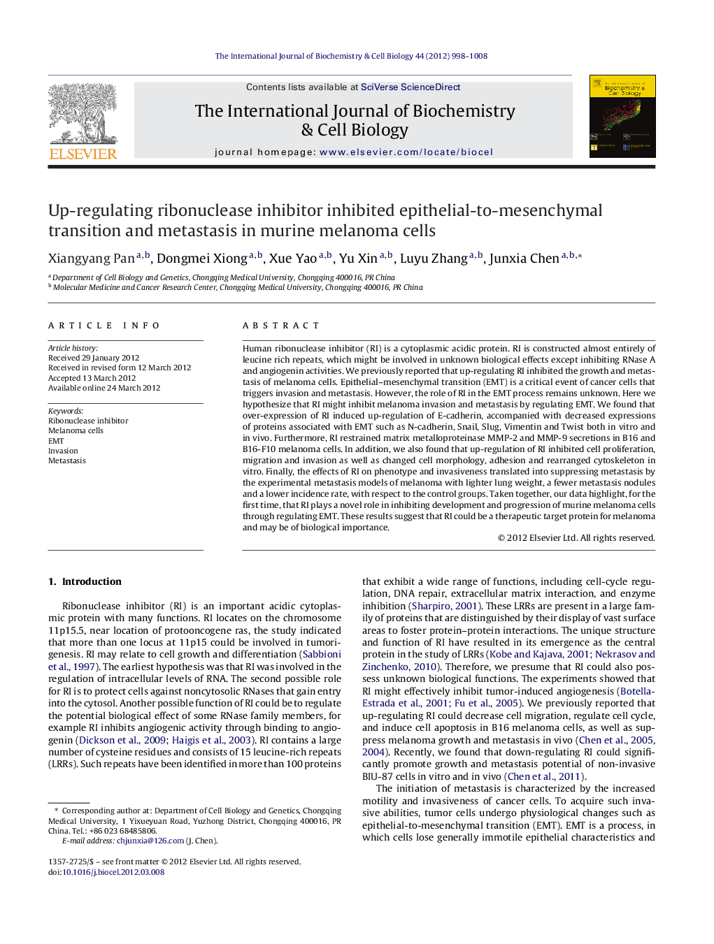 Up-regulating ribonuclease inhibitor inhibited epithelial-to-mesenchymal transition and metastasis in murine melanoma cells