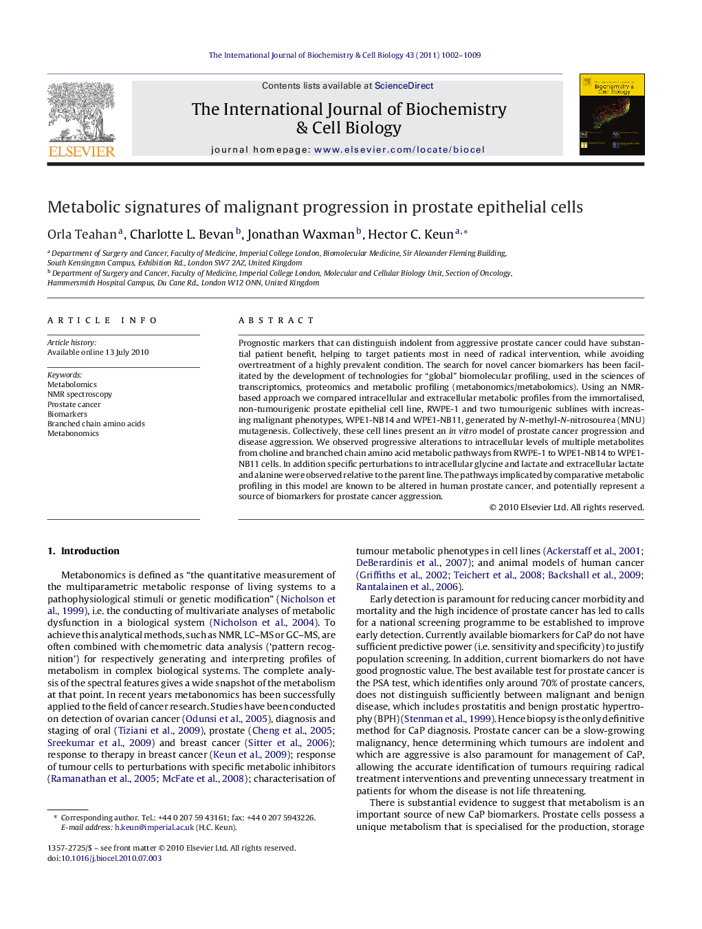 Metabolic signatures of malignant progression in prostate epithelial cells