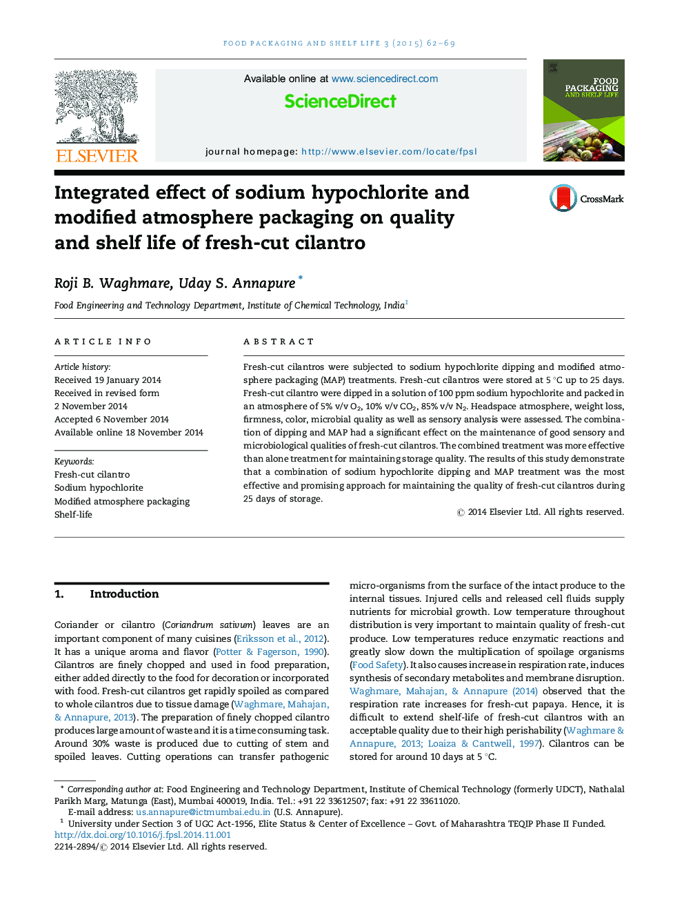 Integrated effect of sodium hypochlorite and modified atmosphere packaging on quality and shelf life of fresh-cut cilantro