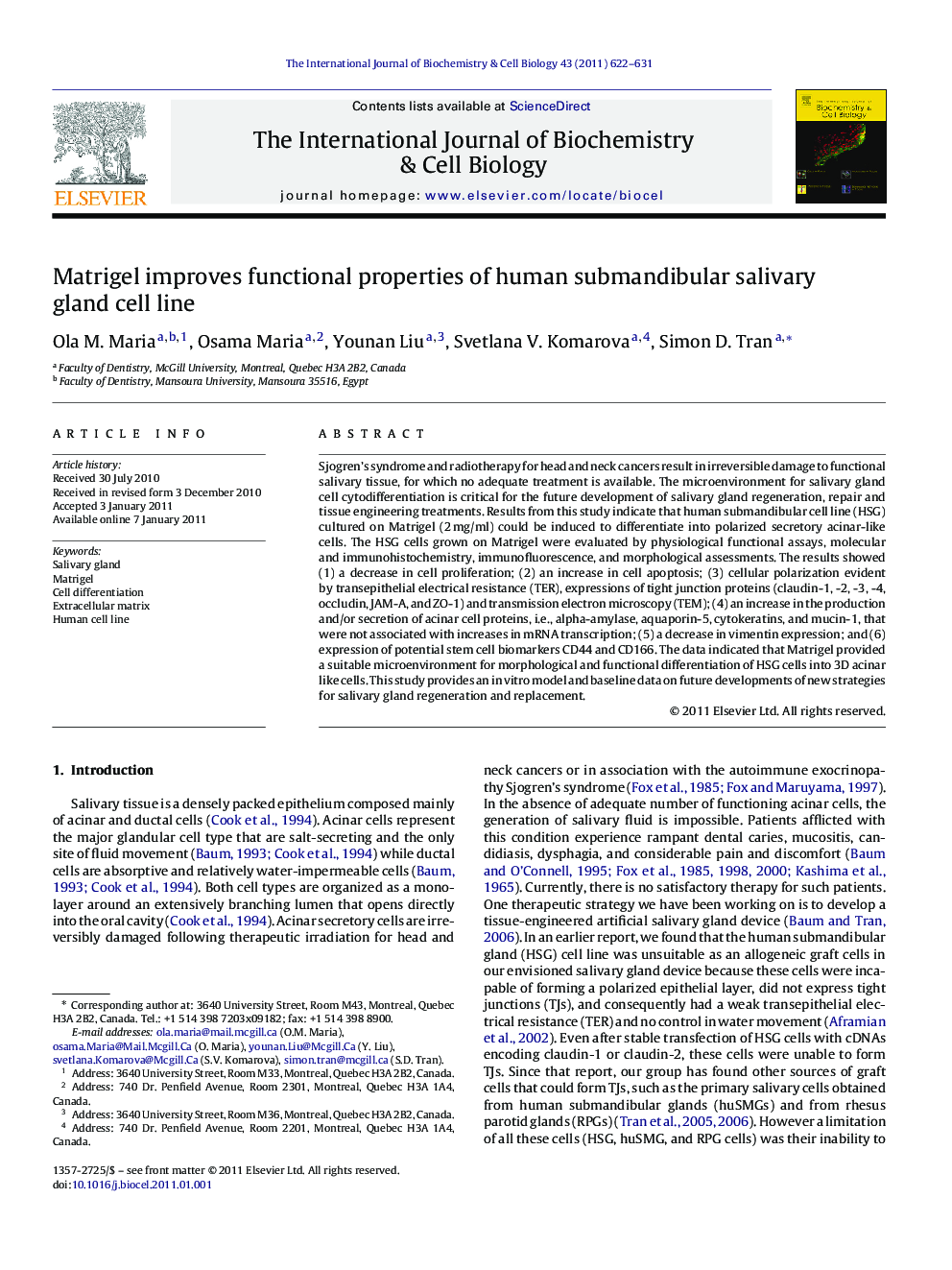 Matrigel improves functional properties of human submandibular salivary gland cell line