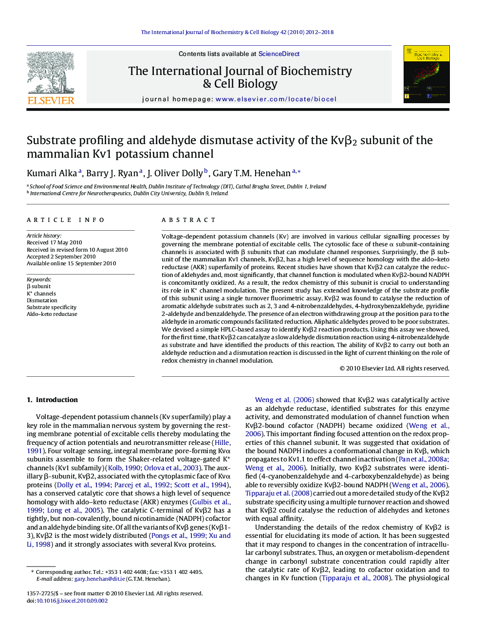 Substrate profiling and aldehyde dismutase activity of the Kvβ2 subunit of the mammalian Kv1 potassium channel