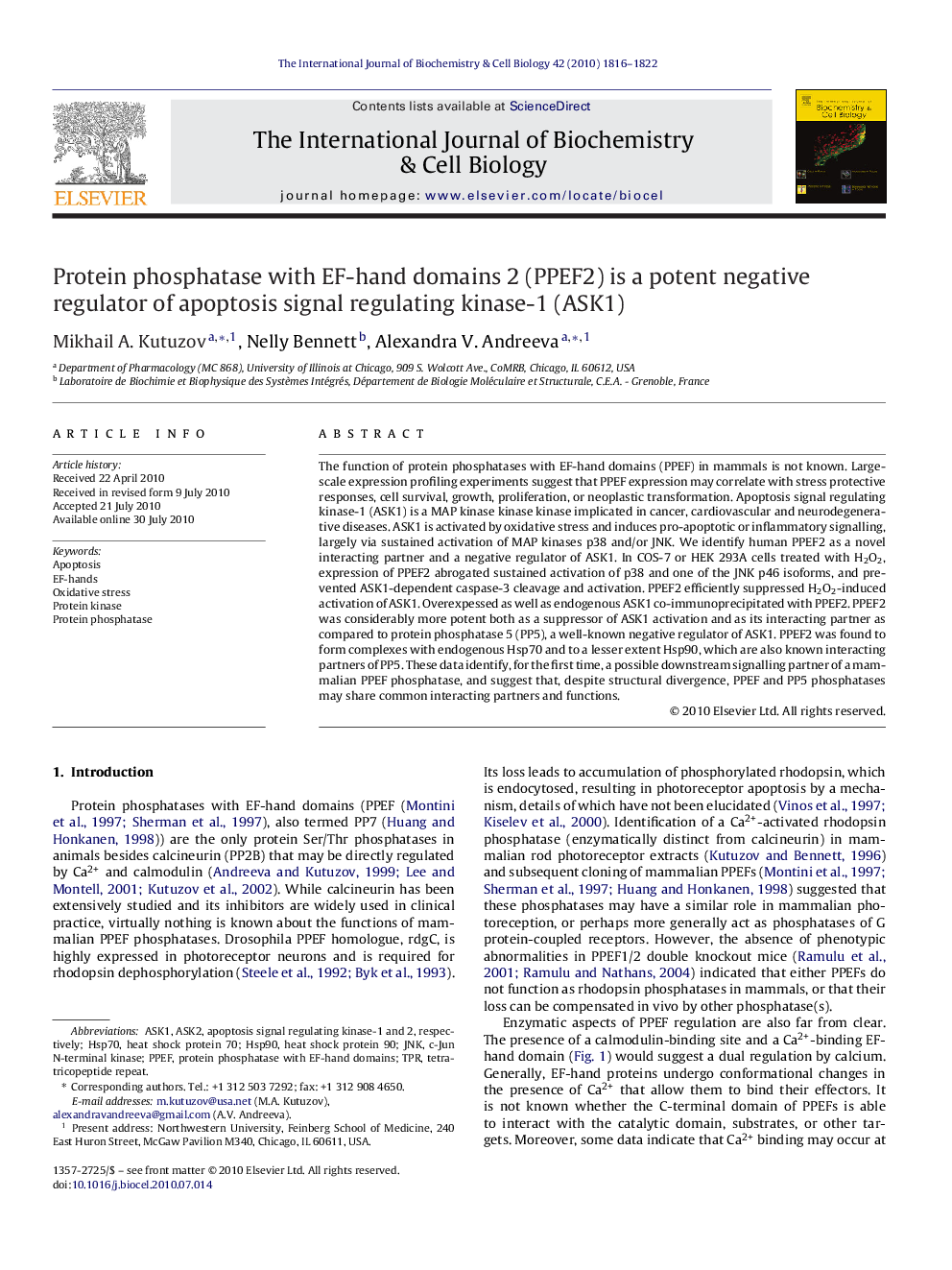 Protein phosphatase with EF-hand domains 2 (PPEF2) is a potent negative regulator of apoptosis signal regulating kinase-1 (ASK1)