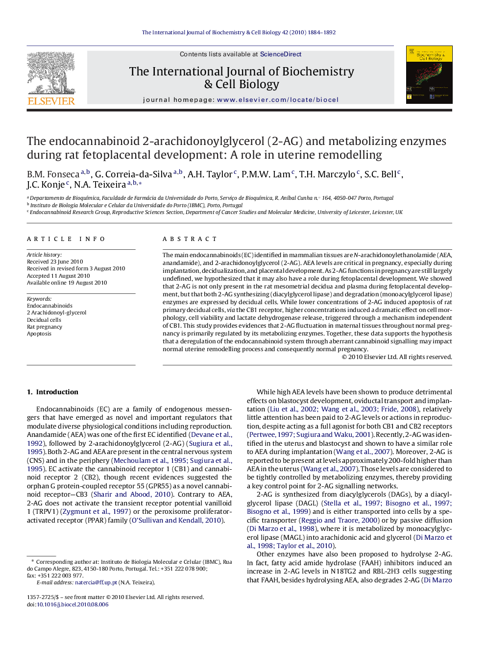 The endocannabinoid 2-arachidonoylglycerol (2-AG) and metabolizing enzymes during rat fetoplacental development: A role in uterine remodelling