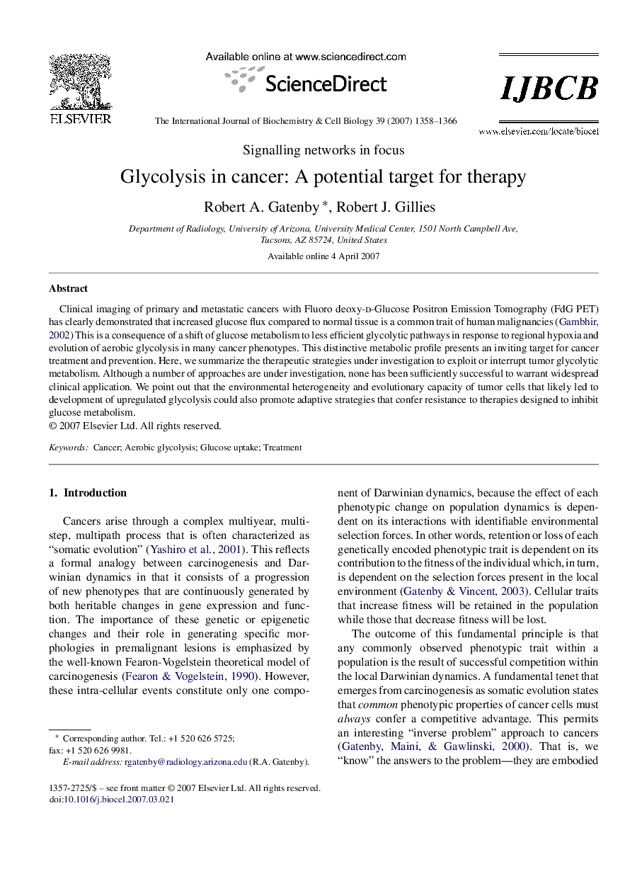 Glycolysis in cancer: A potential target for therapy