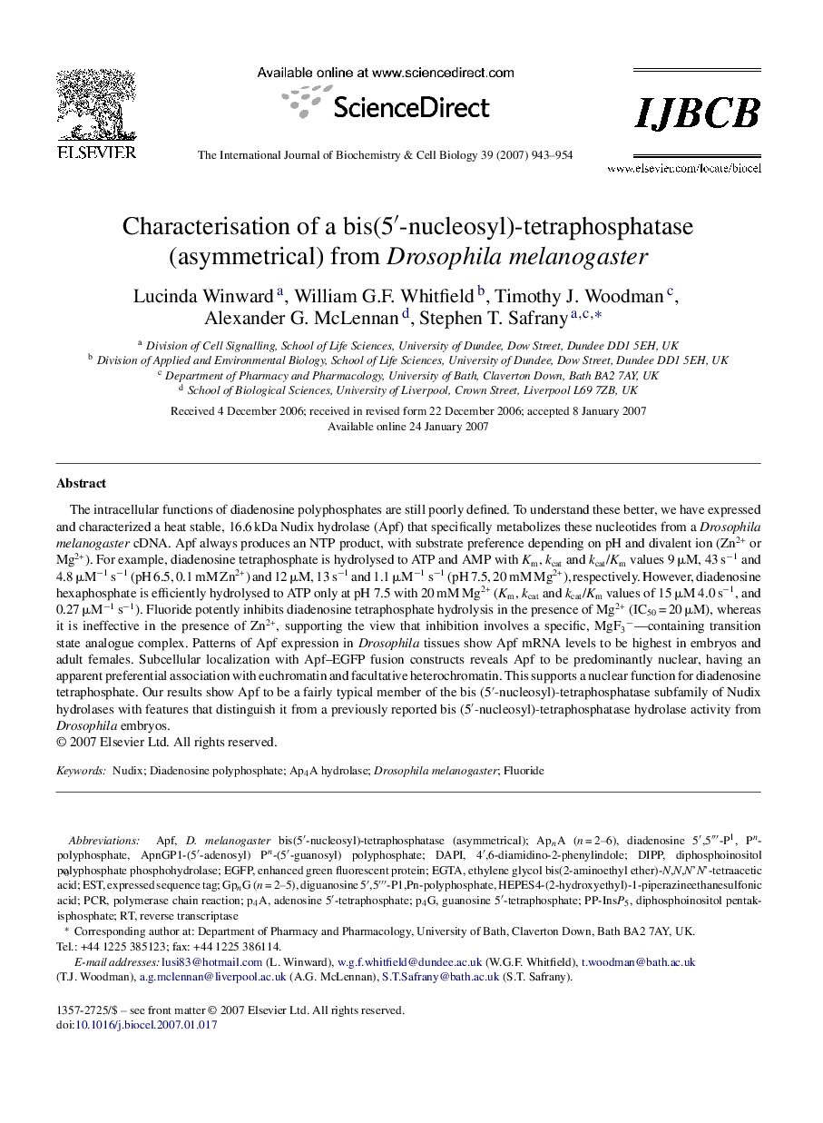 Characterisation of a bis(5â²-nucleosyl)-tetraphosphatase (asymmetrical) from Drosophila melanogaster