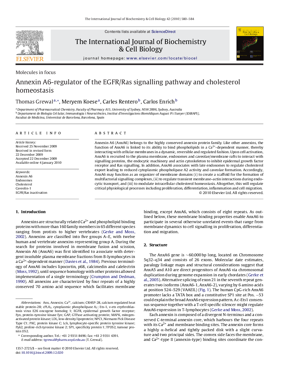 Annexin A6-regulator of the EGFR/Ras signalling pathway and cholesterol homeostasis