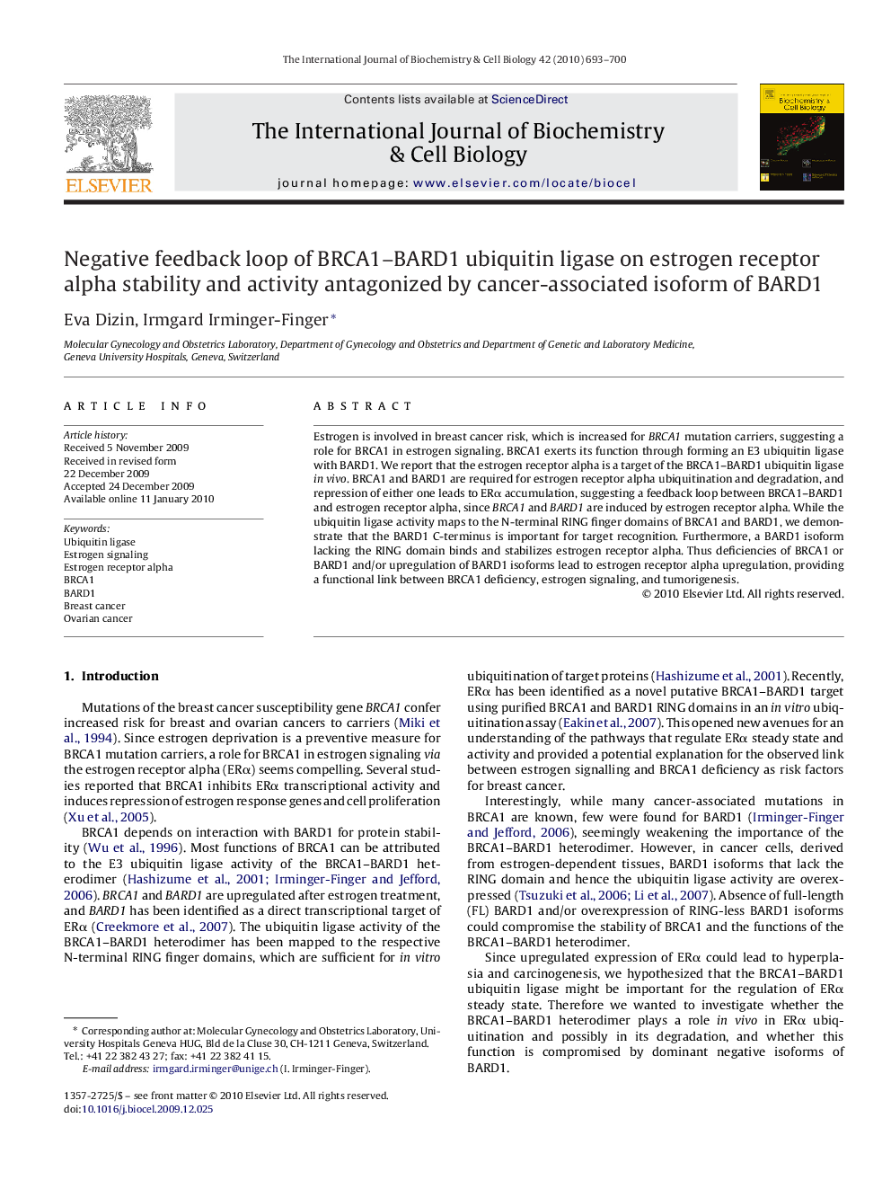 Negative feedback loop of BRCA1–BARD1 ubiquitin ligase on estrogen receptor alpha stability and activity antagonized by cancer-associated isoform of BARD1