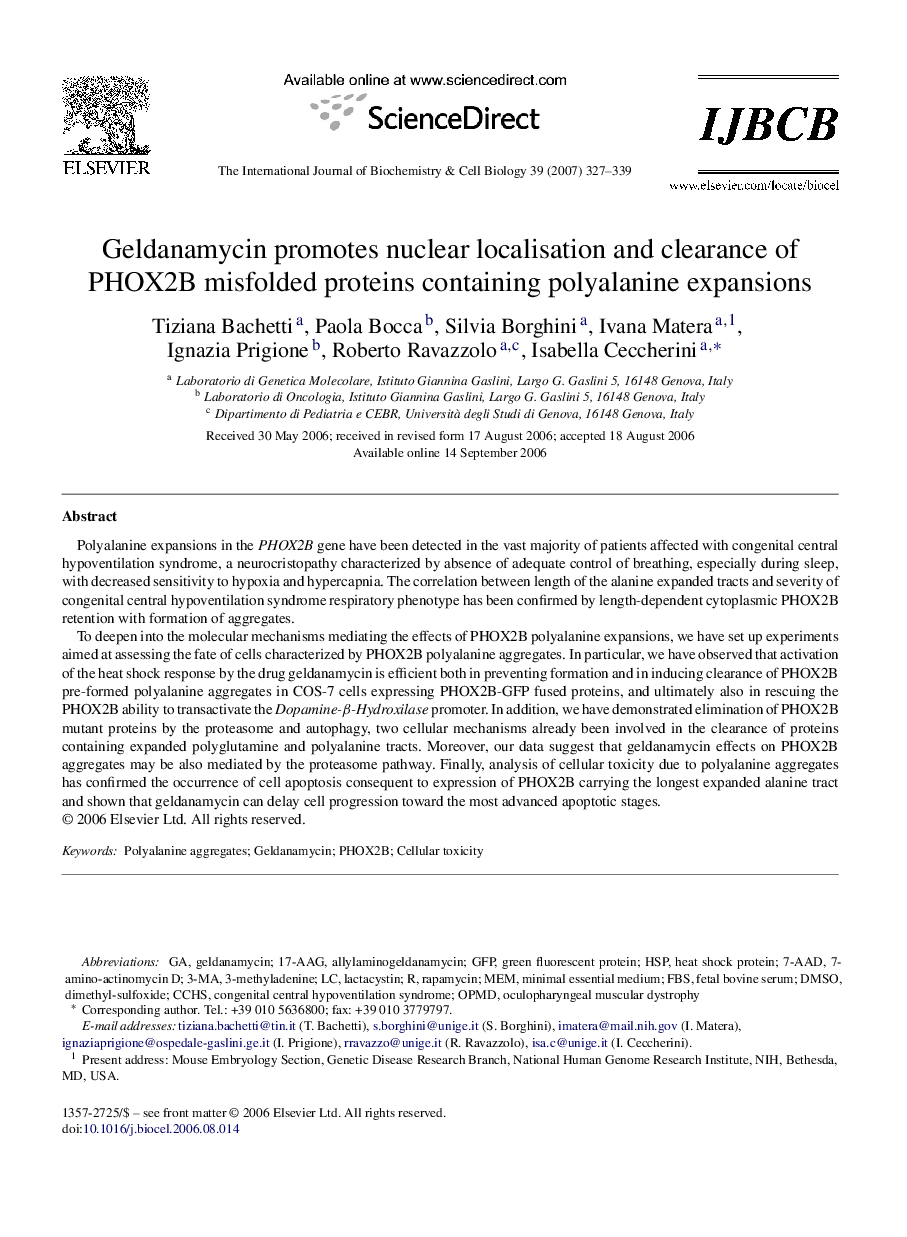 Geldanamycin promotes nuclear localisation and clearance of PHOX2B misfolded proteins containing polyalanine expansions