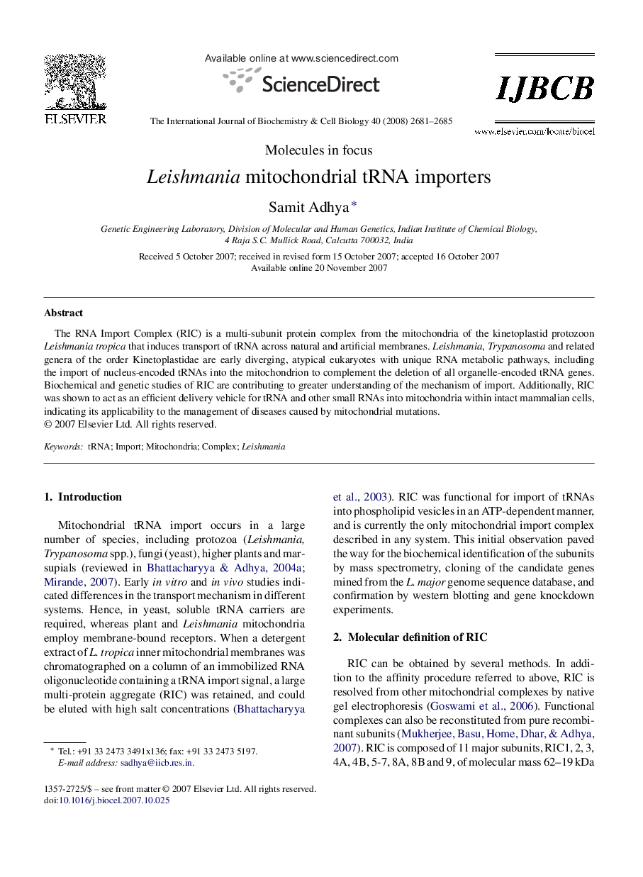 Leishmania mitochondrial tRNA importers