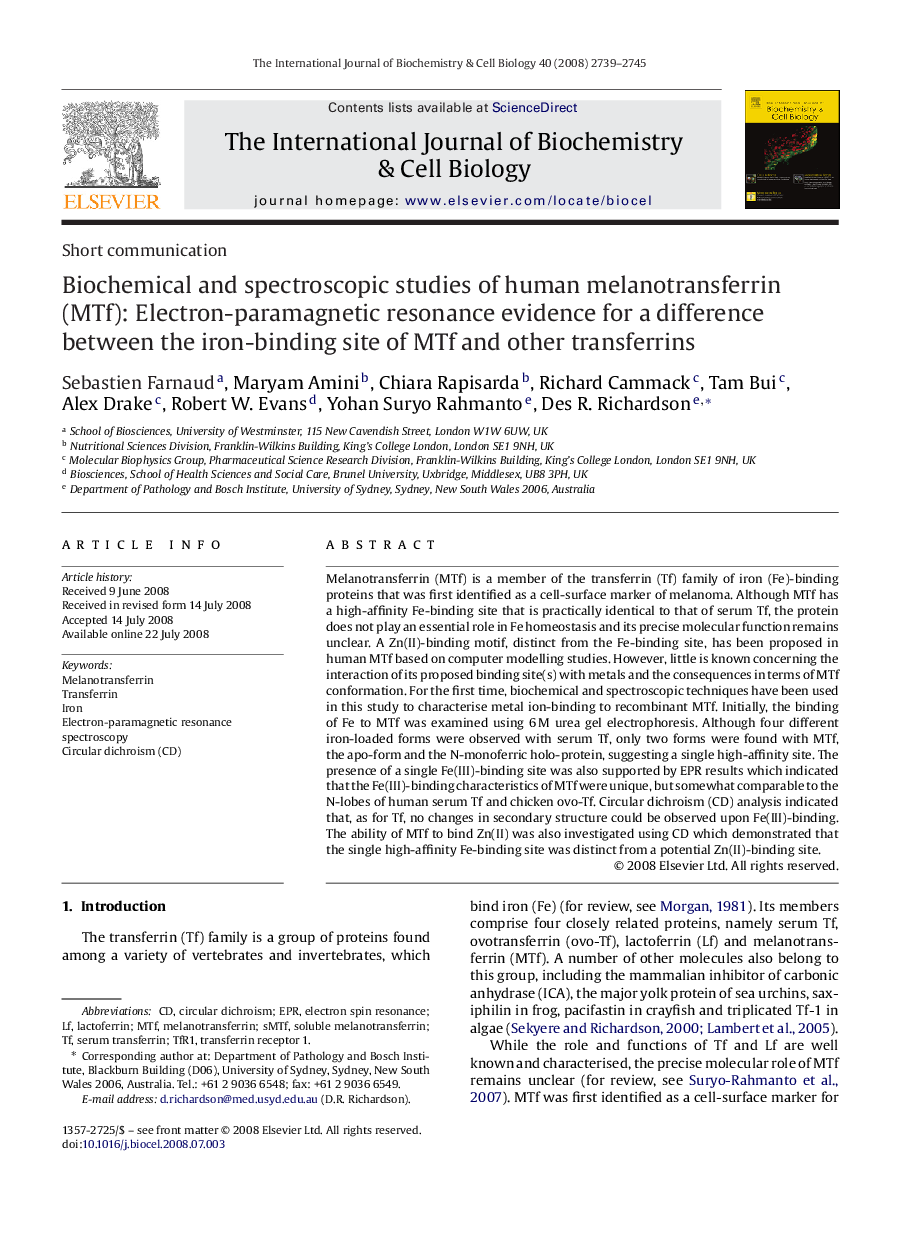 Biochemical and spectroscopic studies of human melanotransferrin (MTf): Electron-paramagnetic resonance evidence for a difference between the iron-binding site of MTf and other transferrins