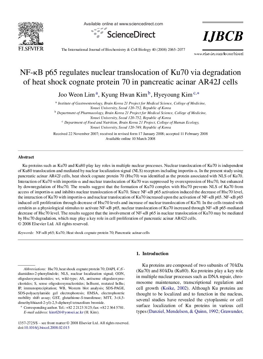 NF-κB p65 regulates nuclear translocation of Ku70 via degradation of heat shock cognate protein 70 in pancreatic acinar AR42J cells