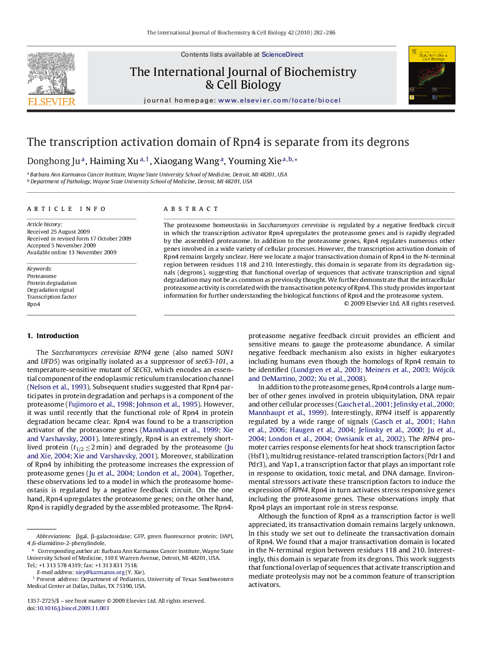 The transcription activation domain of Rpn4 is separate from its degrons