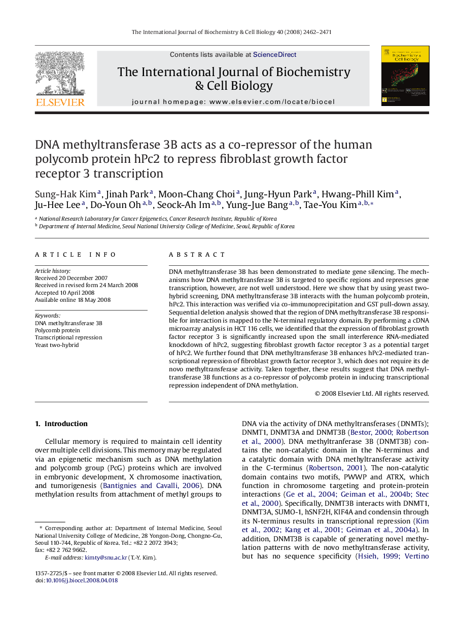 DNA methyltransferase 3B acts as a co-repressor of the human polycomb protein hPc2 to repress fibroblast growth factor receptor 3 transcription