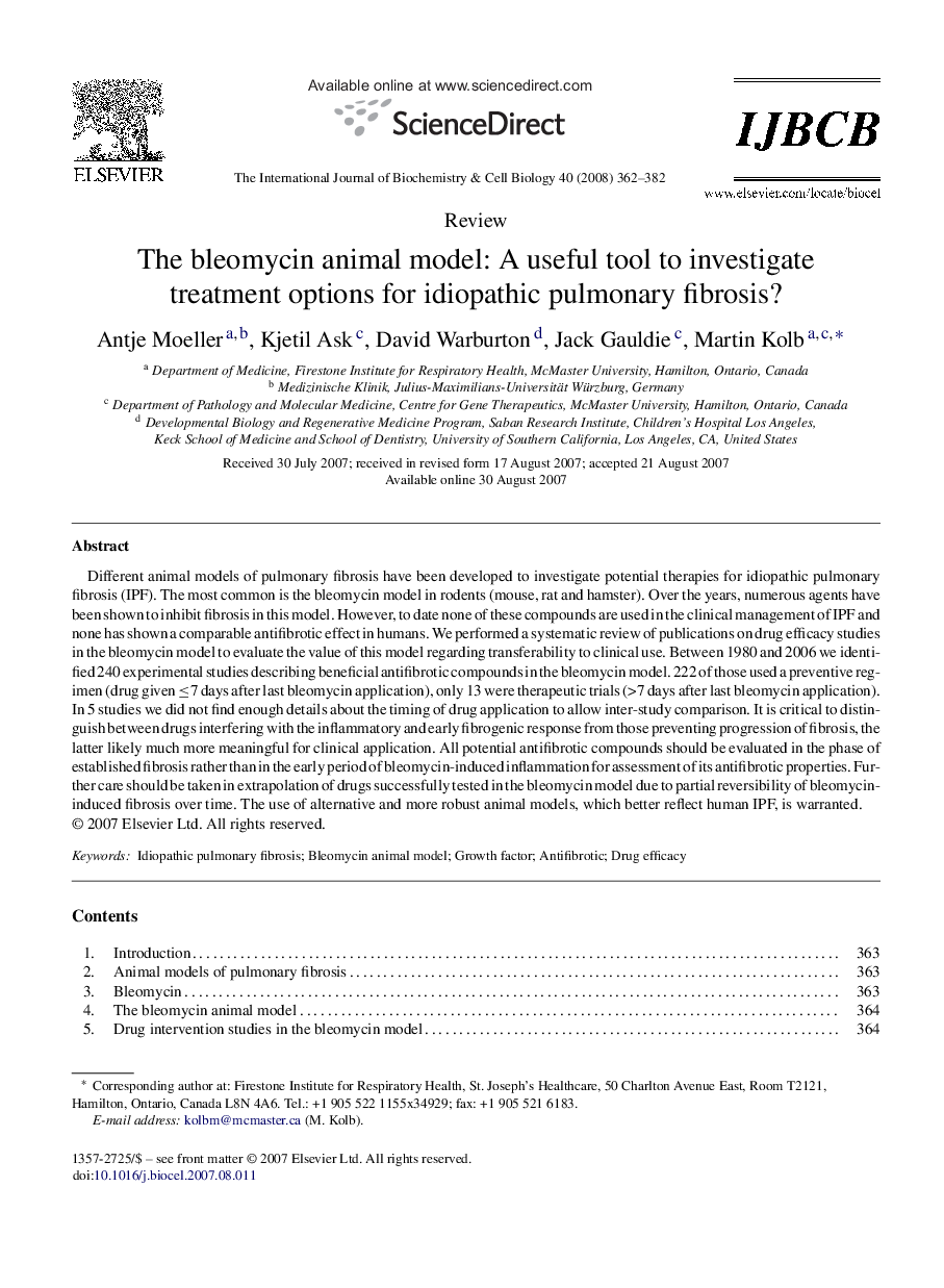 The bleomycin animal model: A useful tool to investigate treatment options for idiopathic pulmonary fibrosis?