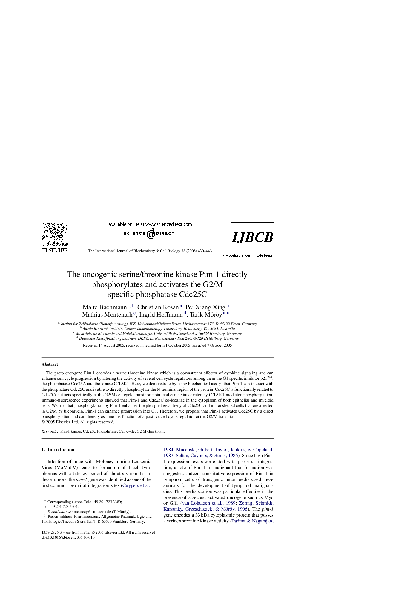 عکس صفحه اول مقاله: The oncogenic serine/threonine kinase Pim-1 directly phosphorylates and activates the G2/M specific phosphatase Cdc25C The oncogenic serine/threonine kinase Pim-1 directly phosphorylates and activates the G2/M specific phosphatase Cdc25C