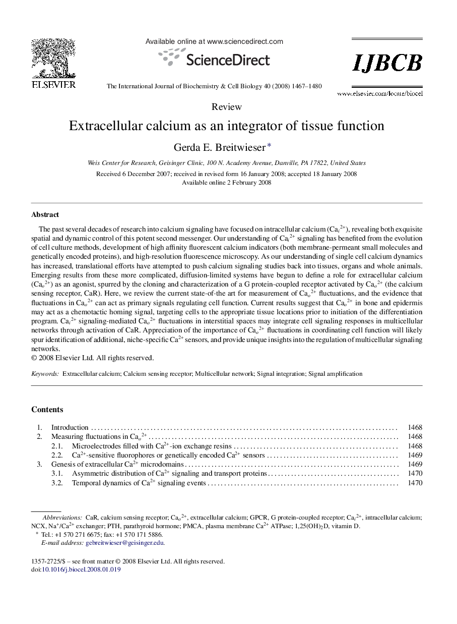 عکس صفحه اول مقاله: Extracellular calcium as an integrator of tissue function Extracellular calcium as an integrator of tissue function