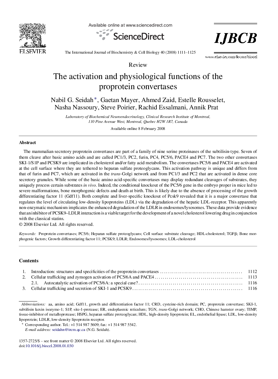 The activation and physiological functions of the proprotein convertases