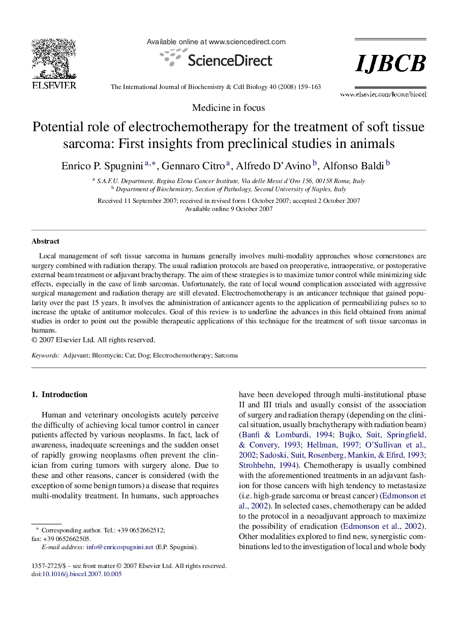 Potential role of electrochemotherapy for the treatment of soft tissue sarcoma: First insights from preclinical studies in animals