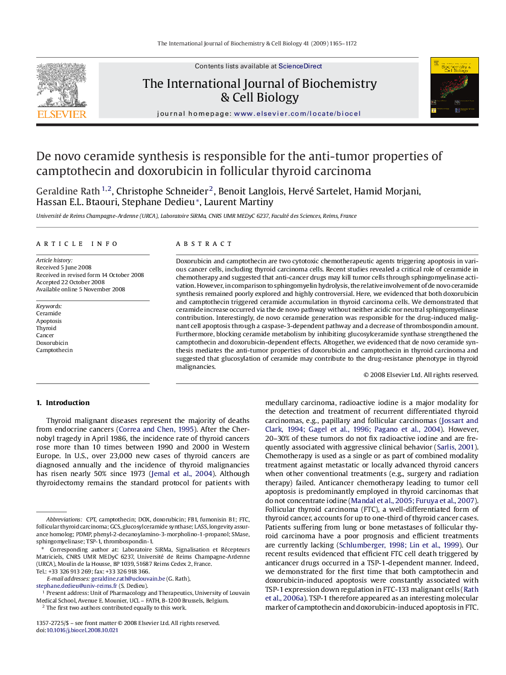 De novo ceramide synthesis is responsible for the anti-tumor properties of camptothecin and doxorubicin in follicular thyroid carcinoma