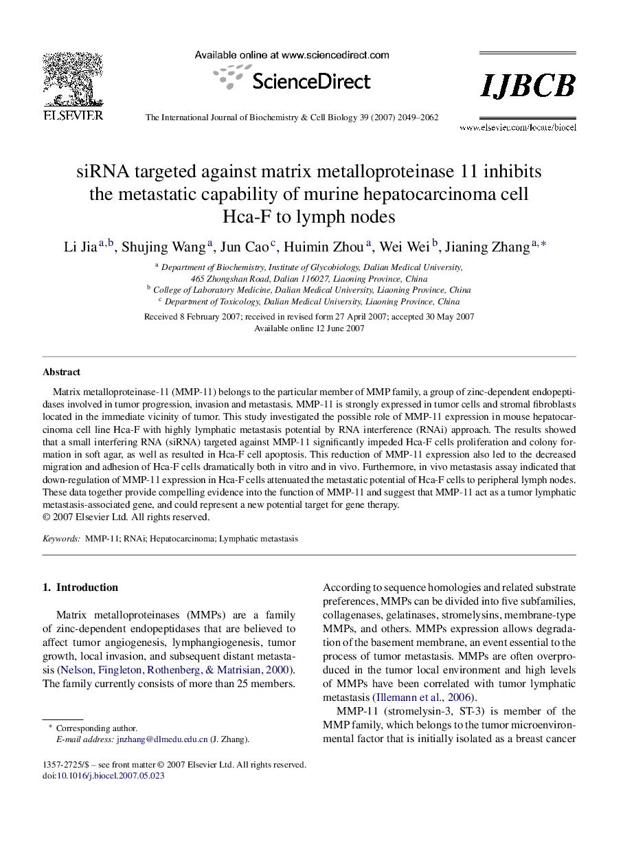 siRNA targeted against matrix metalloproteinase 11 inhibits the metastatic capability of murine hepatocarcinoma cell Hca-F to lymph nodes