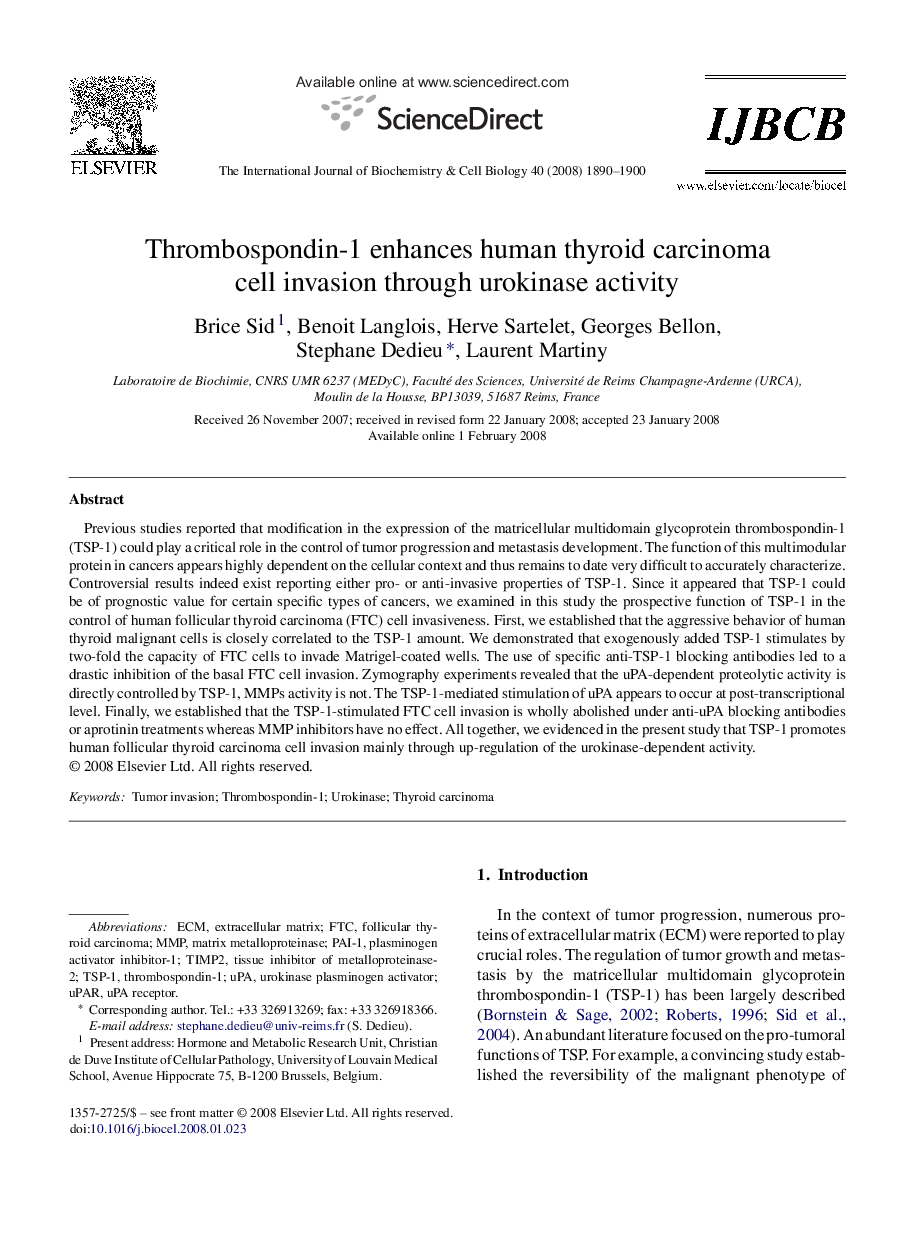 Thrombospondin-1 enhances human thyroid carcinoma cell invasion through urokinase activity