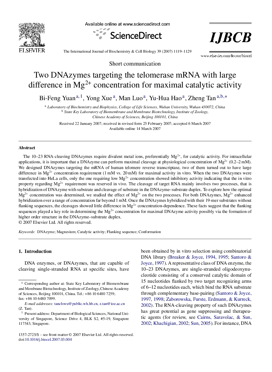 Two DNAzymes targeting the telomerase mRNA with large difference in Mg2+ concentration for maximal catalytic activity