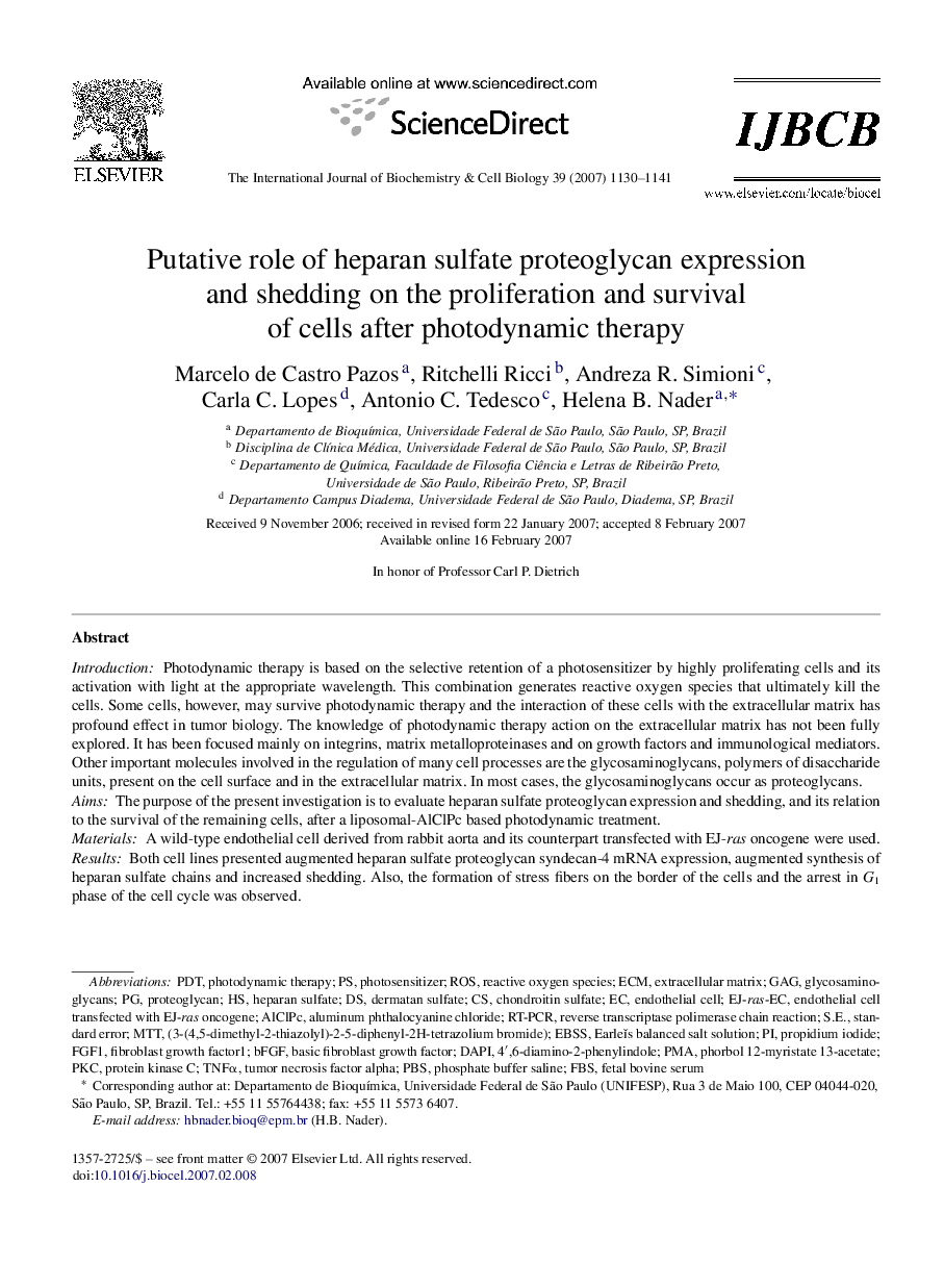 Putative role of heparan sulfate proteoglycan expression and shedding on the proliferation and survival of cells after photodynamic therapy