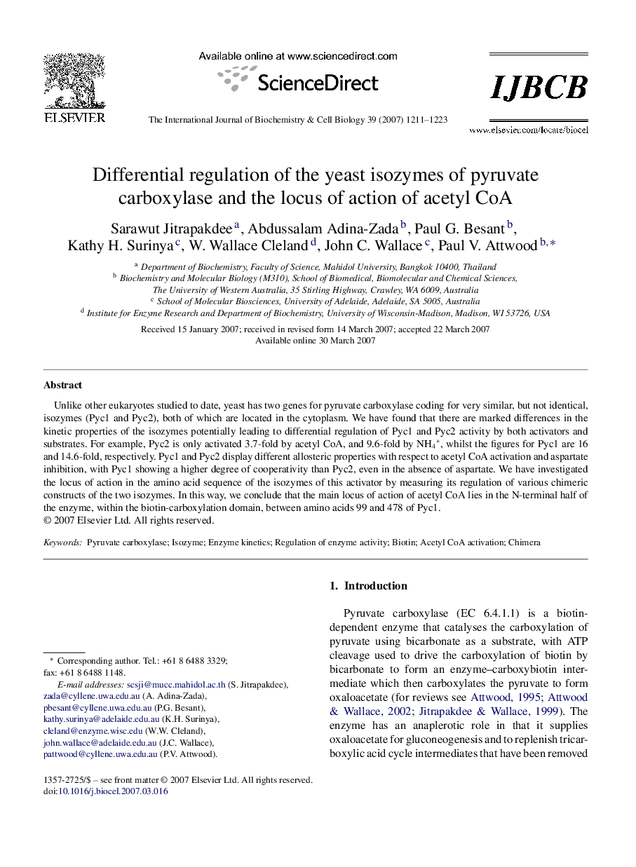 Differential regulation of the yeast isozymes of pyruvate carboxylase and the locus of action of acetyl CoA