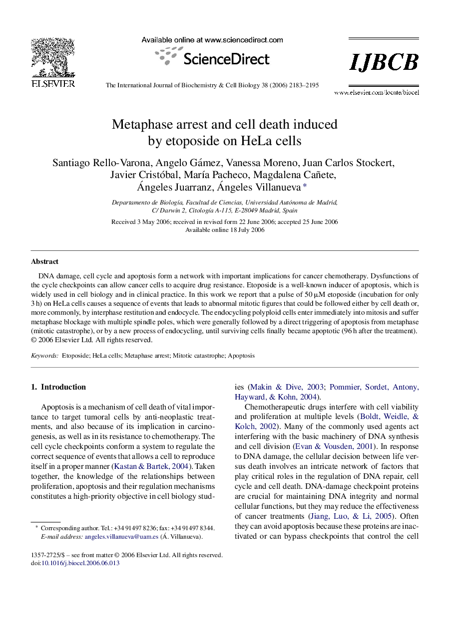 Metaphase arrest and cell death induced by etoposide on HeLa cells