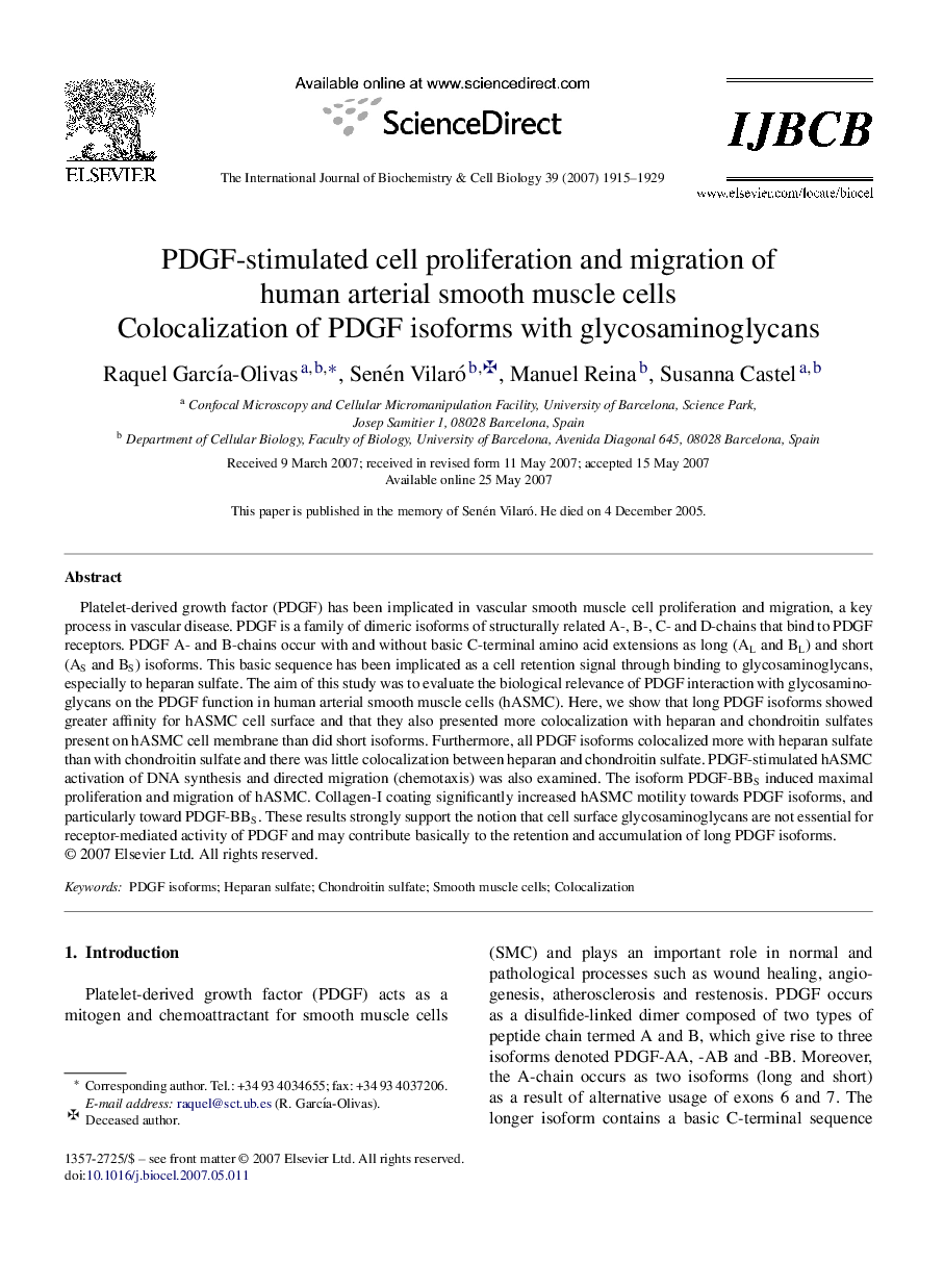 PDGF-stimulated cell proliferation and migration of human arterial smooth muscle cells: Colocalization of PDGF isoforms with glycosaminoglycans