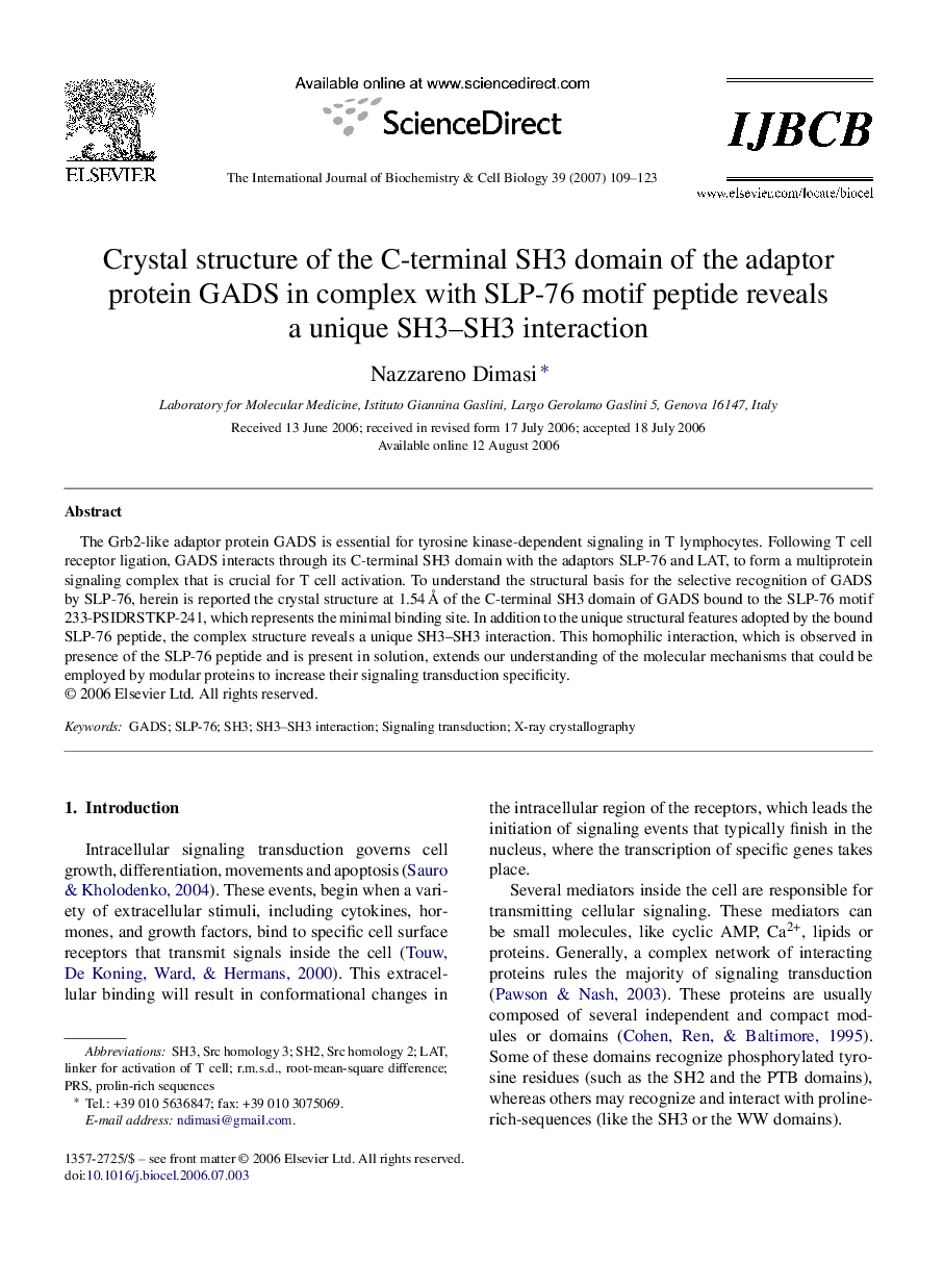 Crystal structure of the C-terminal SH3 domain of the adaptor protein GADS in complex with SLP-76 motif peptide reveals a unique SH3–SH3 interaction