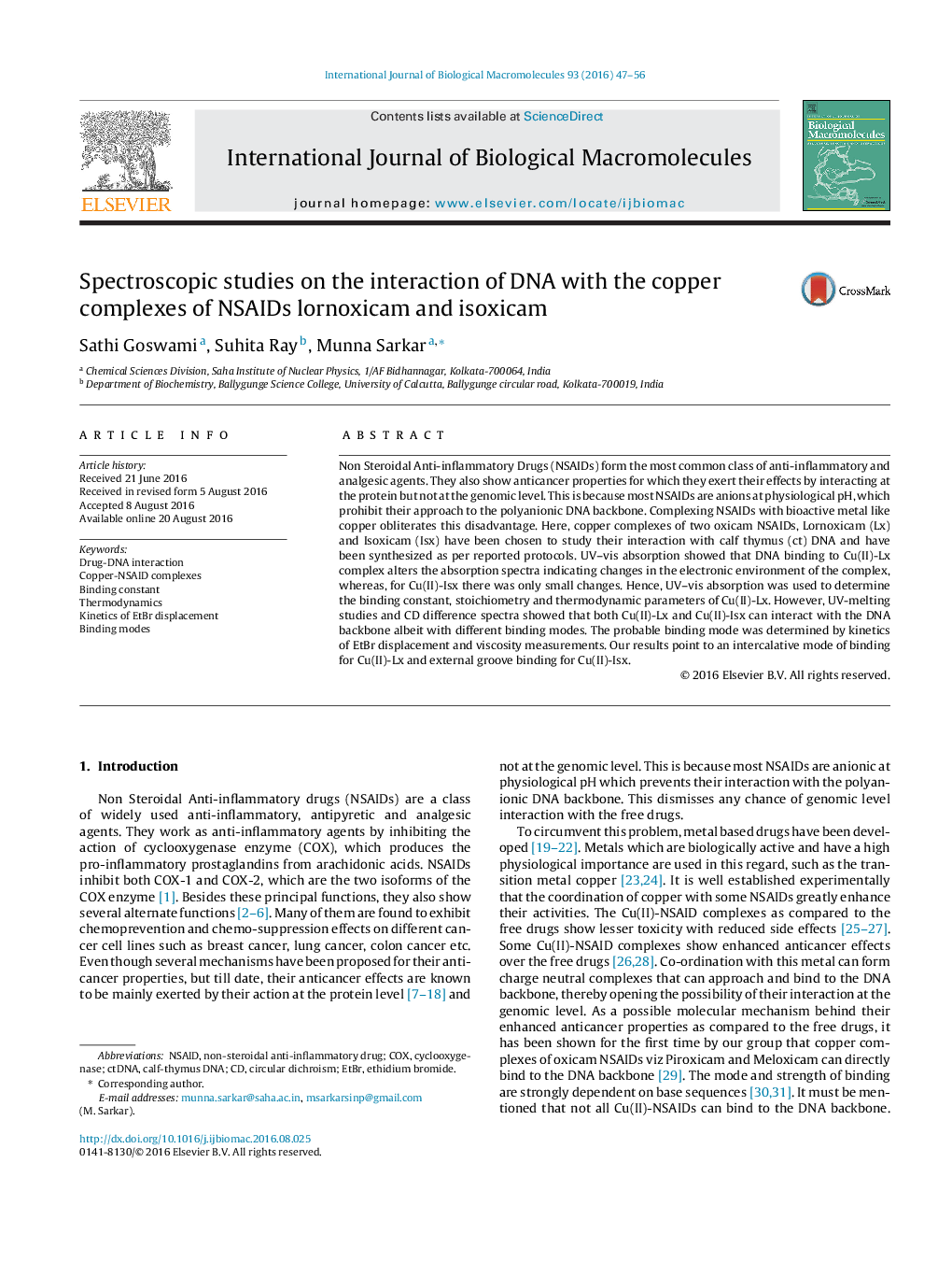 Spectroscopic studies on the interaction of DNA with the copper complexes of NSAIDs lornoxicam and isoxicam