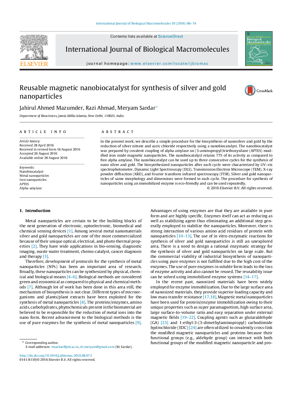 Reusable magnetic nanobiocatalyst for synthesis of silver and gold nanoparticles