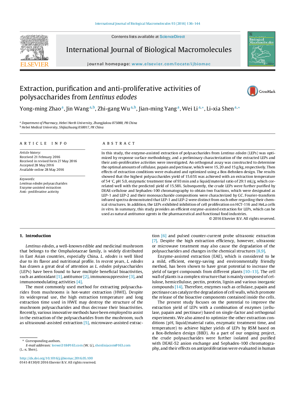 Extraction, purification and anti-proliferative activities of polysaccharides from Lentinus edodes