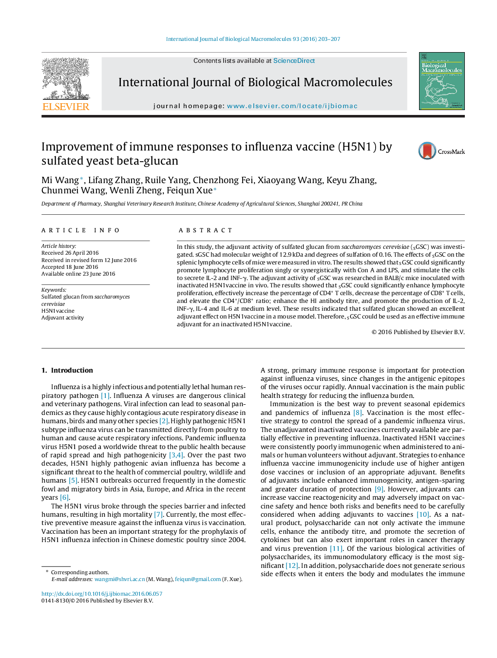 Improvement of immune responses to influenza vaccine (H5N1) by sulfated yeast beta-glucan