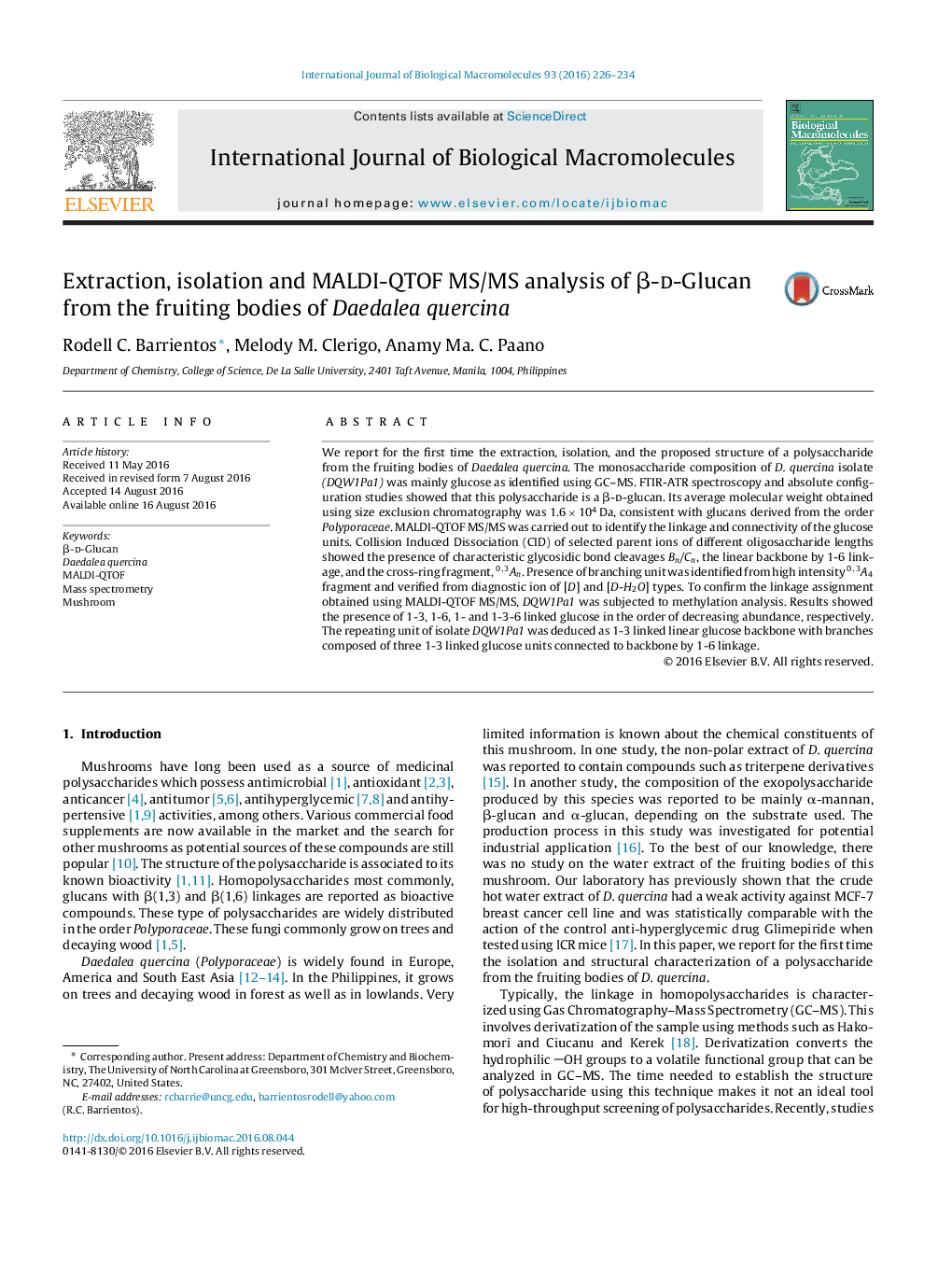 Extraction, isolation and MALDI-QTOF MS/MS analysis of β-d-Glucan from the fruiting bodies of Daedalea quercina