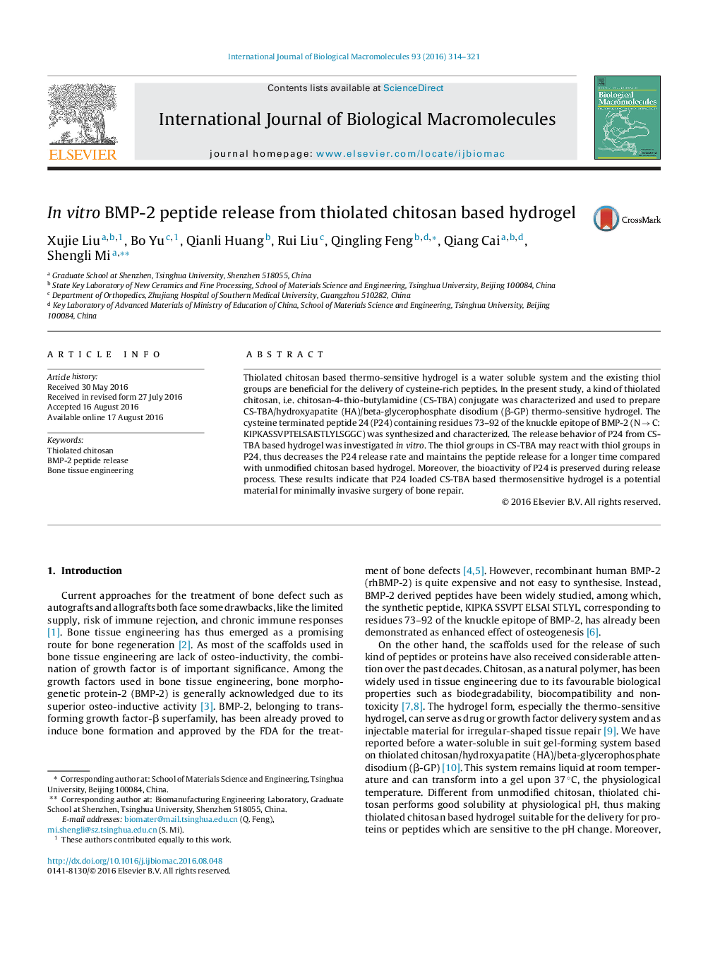 In vitro BMP-2 peptide release from thiolated chitosan based hydrogel